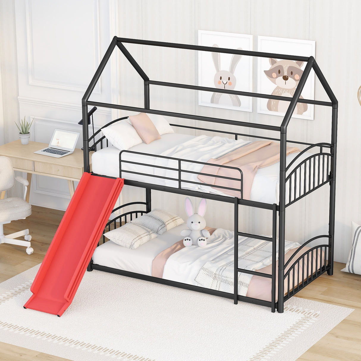 Twin Over Twin Metal Bunk Bed With Slide,Kids House Bed Black+Red - Home Elegance USA