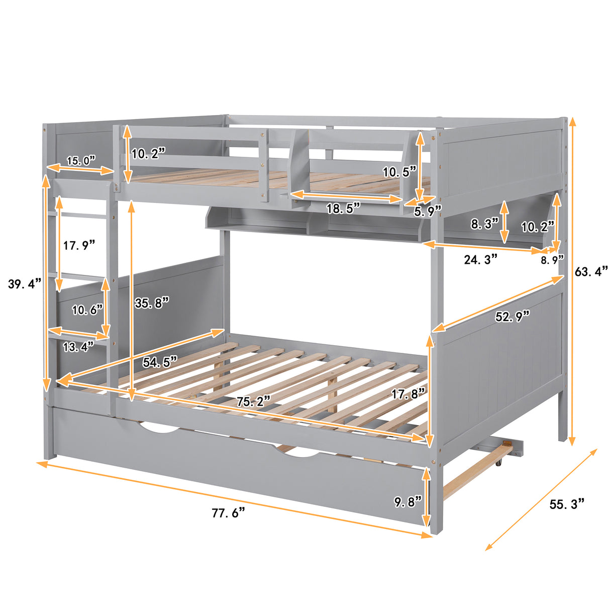 Full-Over-Full Bunk Bed with Twin size Trundle , Separable Bunk Bed with Bookshelf for Bedroom-Gray - Home Elegance USA