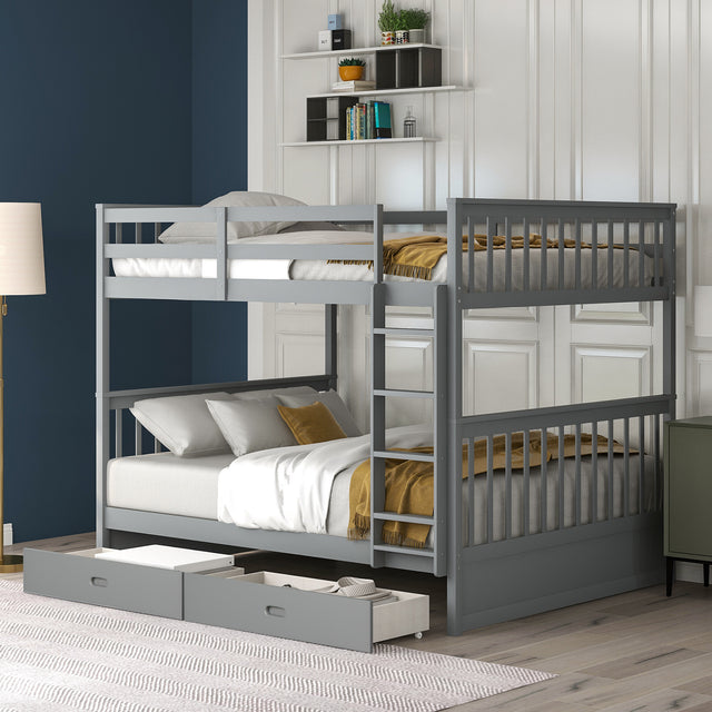 Full-Over-Full Bunk Bed with Ladders and Two Storage Drawers (Gray) - Home Elegance USA