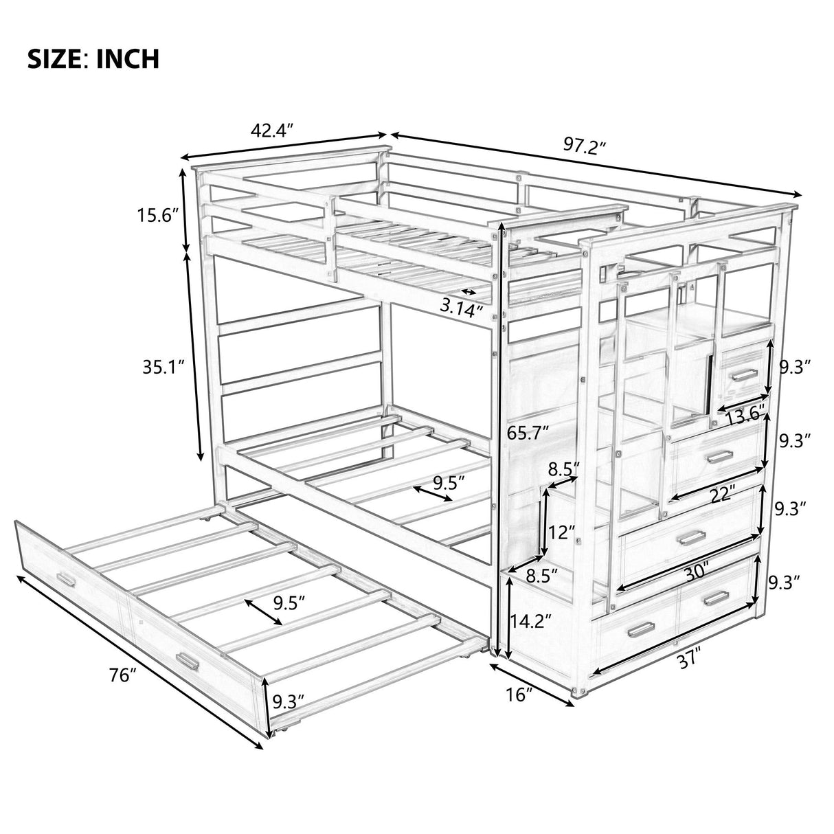 Solid Wood Bunk Bed , Hardwood Twin Over Twin Bunk Bed with Trundle and Staircase, Natural Espresso Finish (OLD SKU: LP000068AAP) - Home Elegance USA