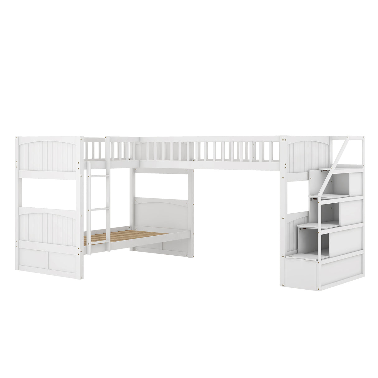 Twin over Twin Wooden L-Shaped Bunk Bed with Ladder and Stairway,White(OLD SKU:SM000303AAK-1) - Home Elegance USA