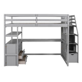 Full Size Loft Bed with Desk and Shelves, Two Built-in Drawers, Storage Staircase, Gray