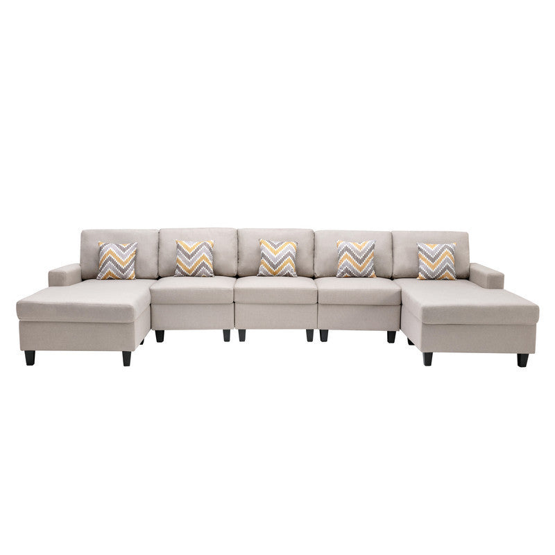 Nolan Beige Linen Fabric 5Pc Double Chaise Sectional Sofa with Pillows and Interchangeable Legs - Home Elegance USA