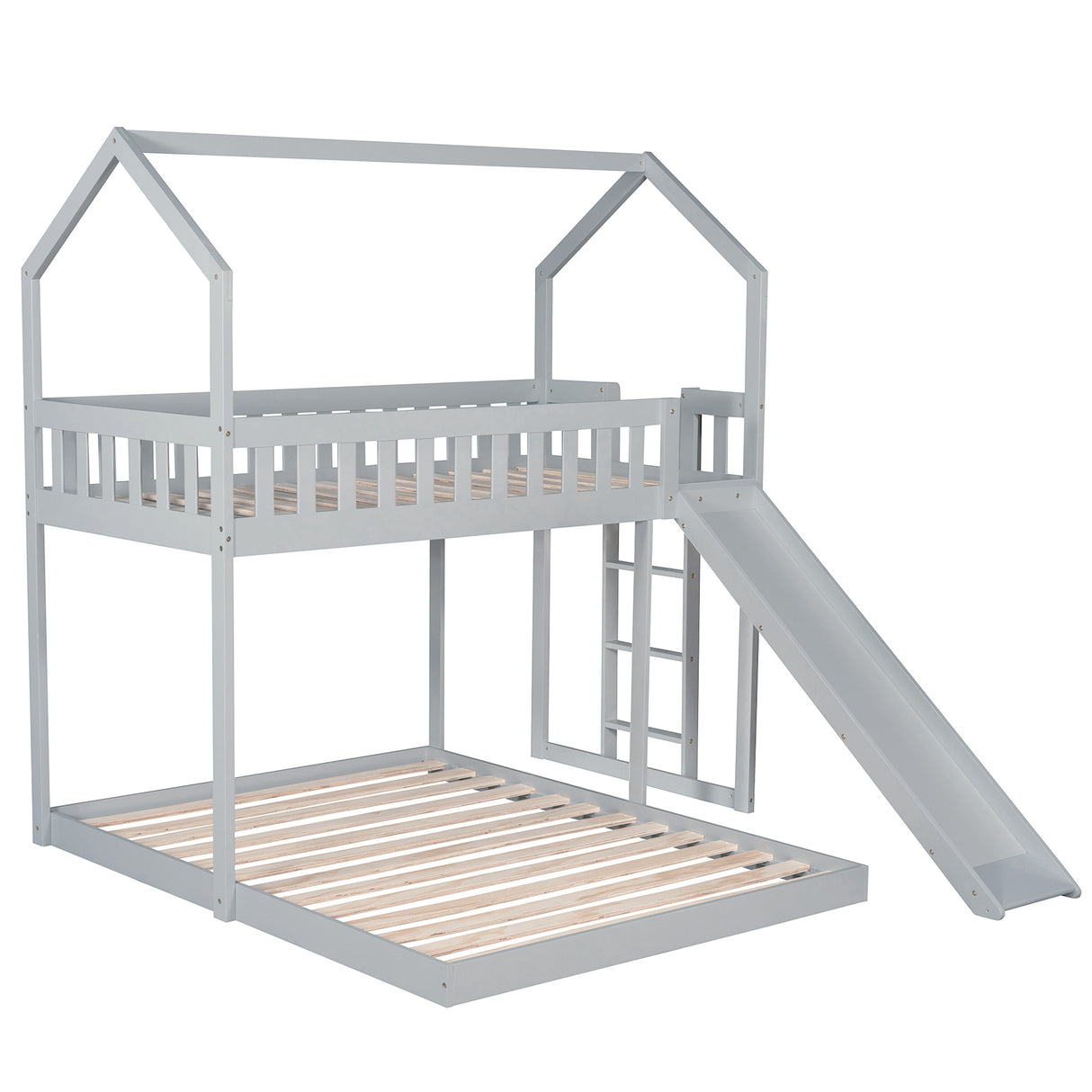 Twin over Full House Bunk Bed with Slide and Built-in Ladder,Full-Length Guardrail,Gray - Home Elegance USA