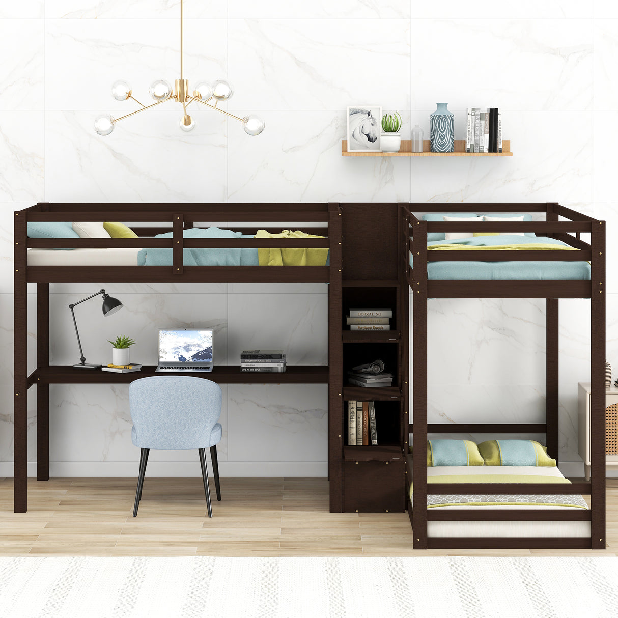 L-Shaped Twin Size Bunk Bed and Loft Bed with Built-in Middle Staircase and Desk,Espresso - Home Elegance USA