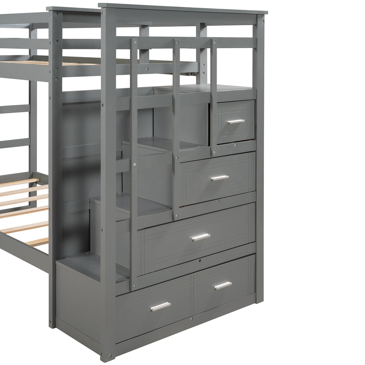 Solid Wood Bunk Bed, Hardwood Twin Over Twin Bunk Bed with Trundle and Staircase, Natural Gray Finish(Old SKU: LP000068AAE) - Home Elegance USA