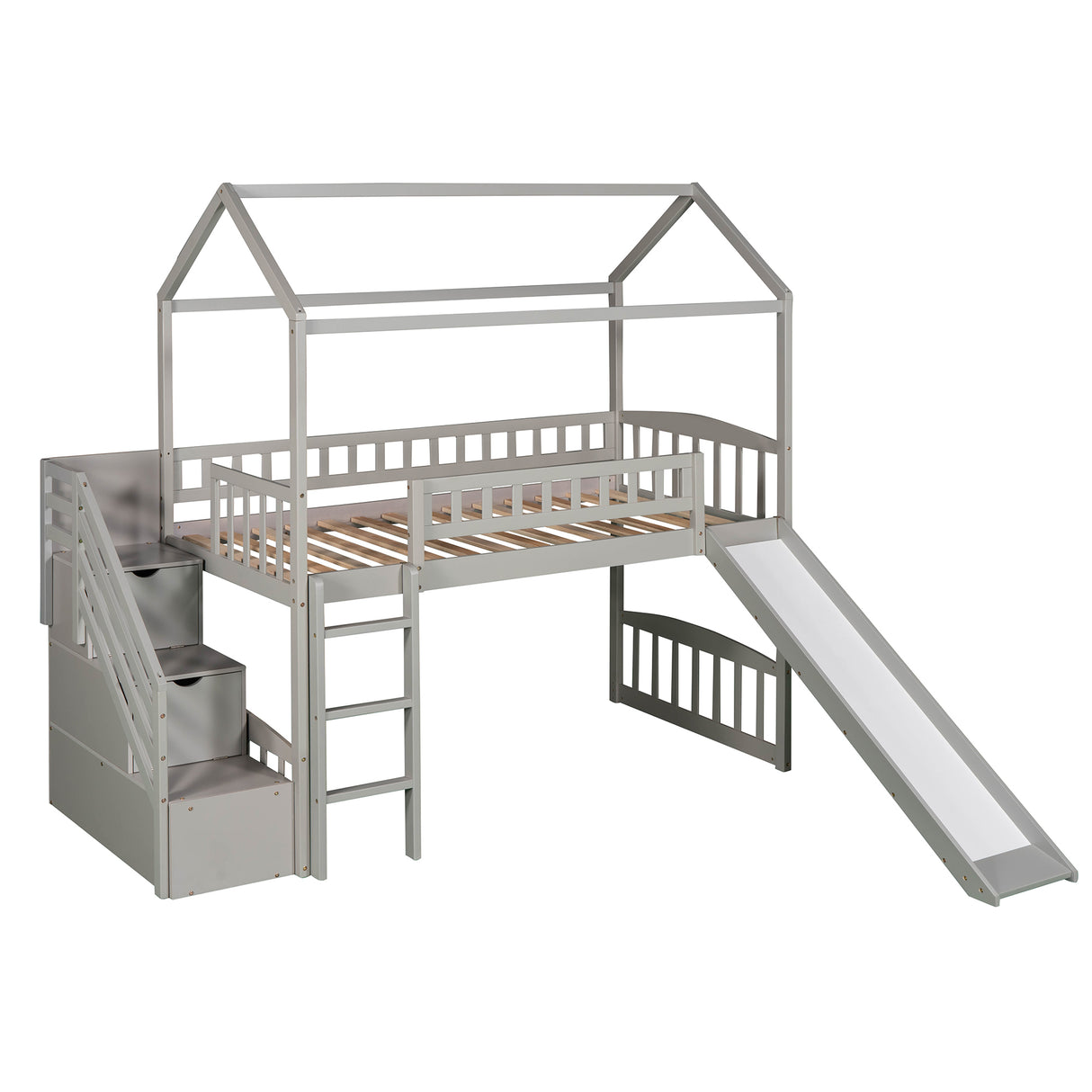 Twin Loft Bed with Two Drawers and Slide, House Bed with Slide, Gray (Old SKU: LP000130AAE) - Home Elegance USA