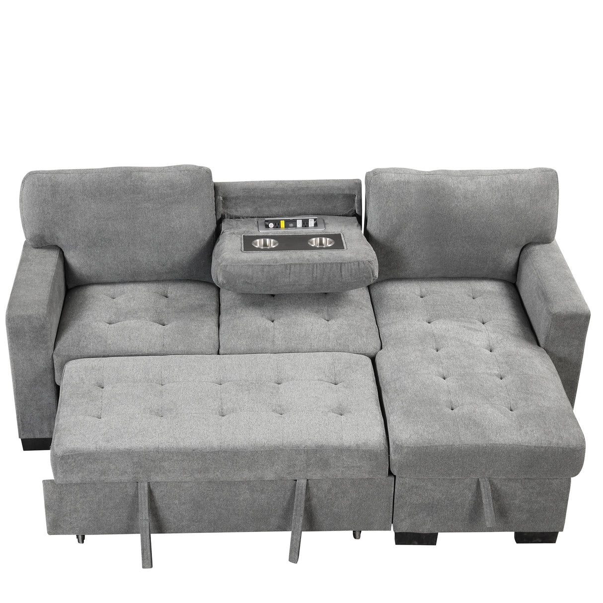 Stylish and Functional Light Chaise Lounge Sectional with Storage Rack Pull-out Bed Drop Down Table  and USB Charger Gray - Home Elegance USA