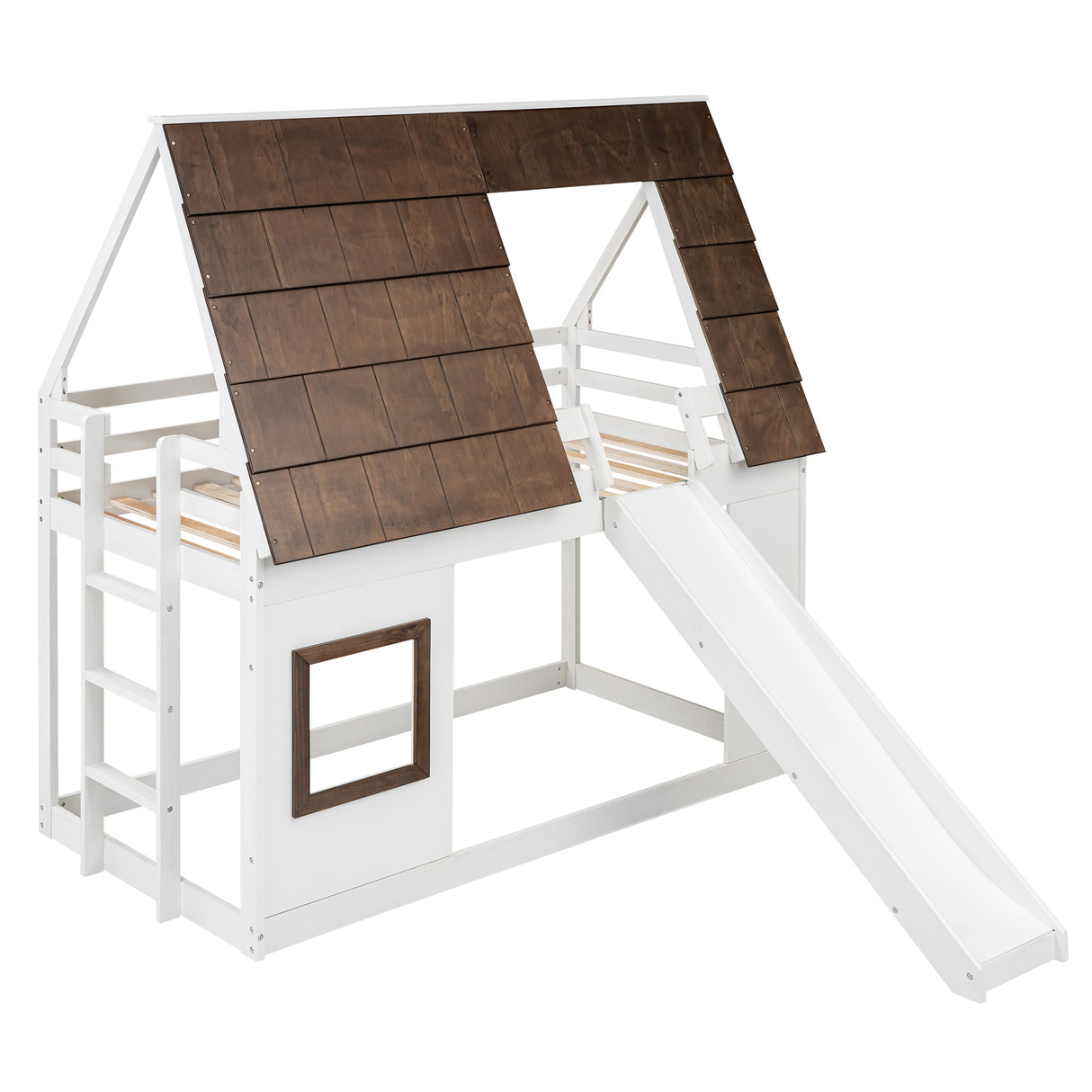 Wood Twin Size House Bunk Bed with Roof, Ladder and Slide, White+Brown