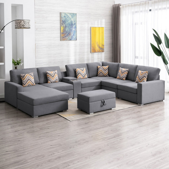 Nolan Gray Linen Fabric 8Pc Reversible Chaise Sectional Sofa with Interchangeable Legs, Pillows, Storage Ottoman, and a USB, Charging Ports, Cupholders, Storage Console Table - Home Elegance USA