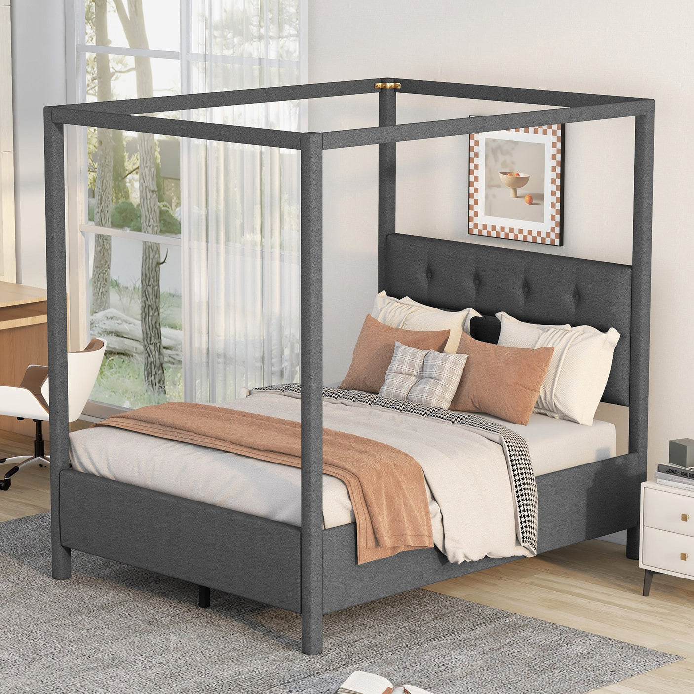 Full Size Upholstery Canopy Platform Bed with Headboard,Gray - Home Elegance USA