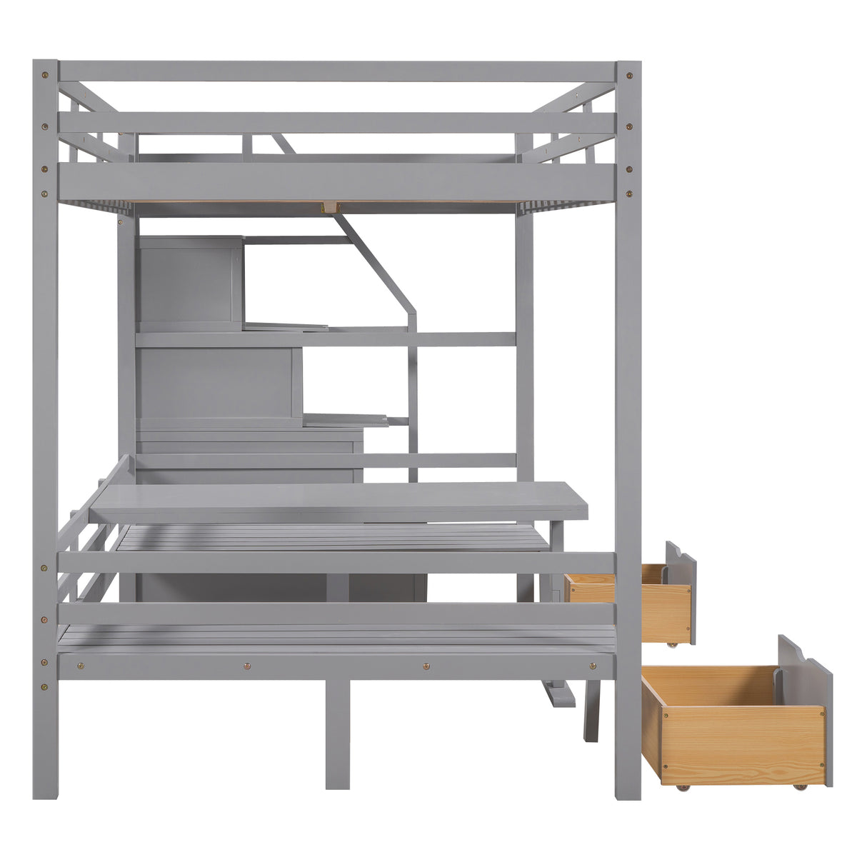 Full over Full Size Bunk Bed with staircase,the Down Bed can be Convertible to Seats and Table Set,Grey - Home Elegance USA