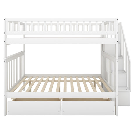 Full over Full Bunk Bed with Two Drawers and Storage, White