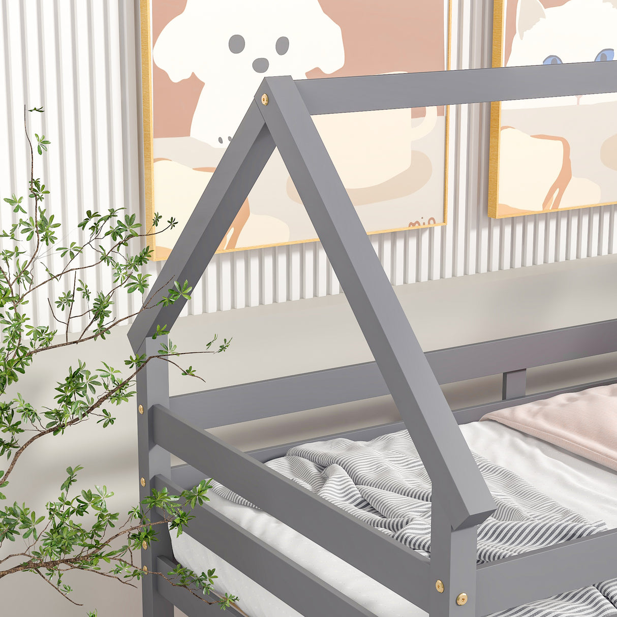 Twin over Twin Loft Bed with Roof Design, Safety Guardrail, Ladder, Grey - Home Elegance USA