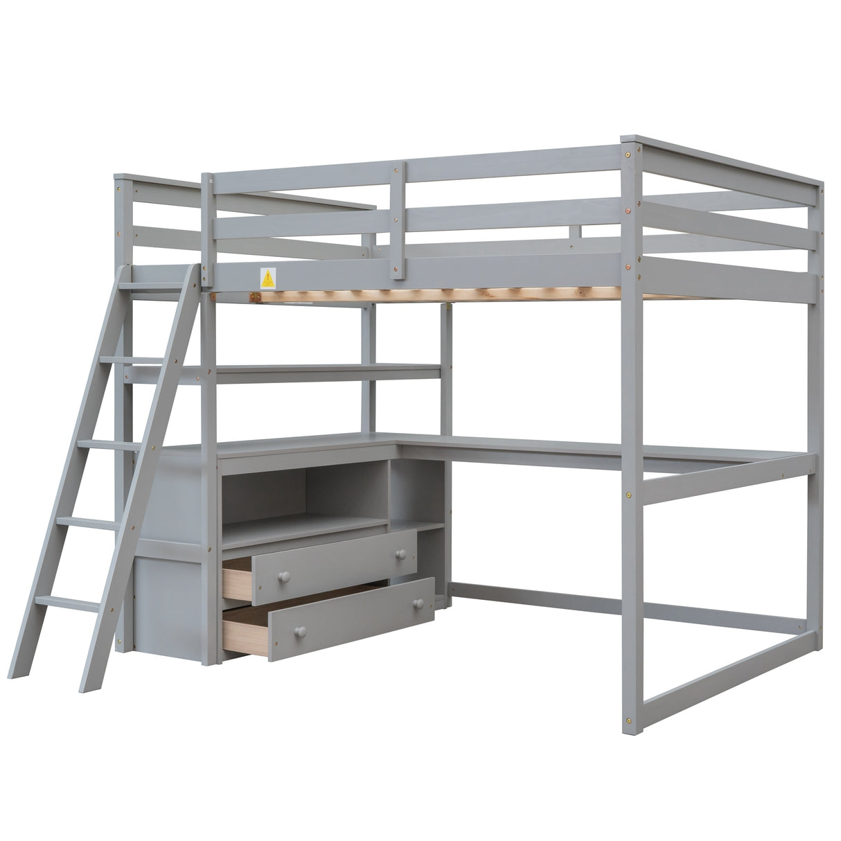 Full Size Loft Bed with Desk and Shelves,Two Built-in Drawers,Gray - Home Elegance USA