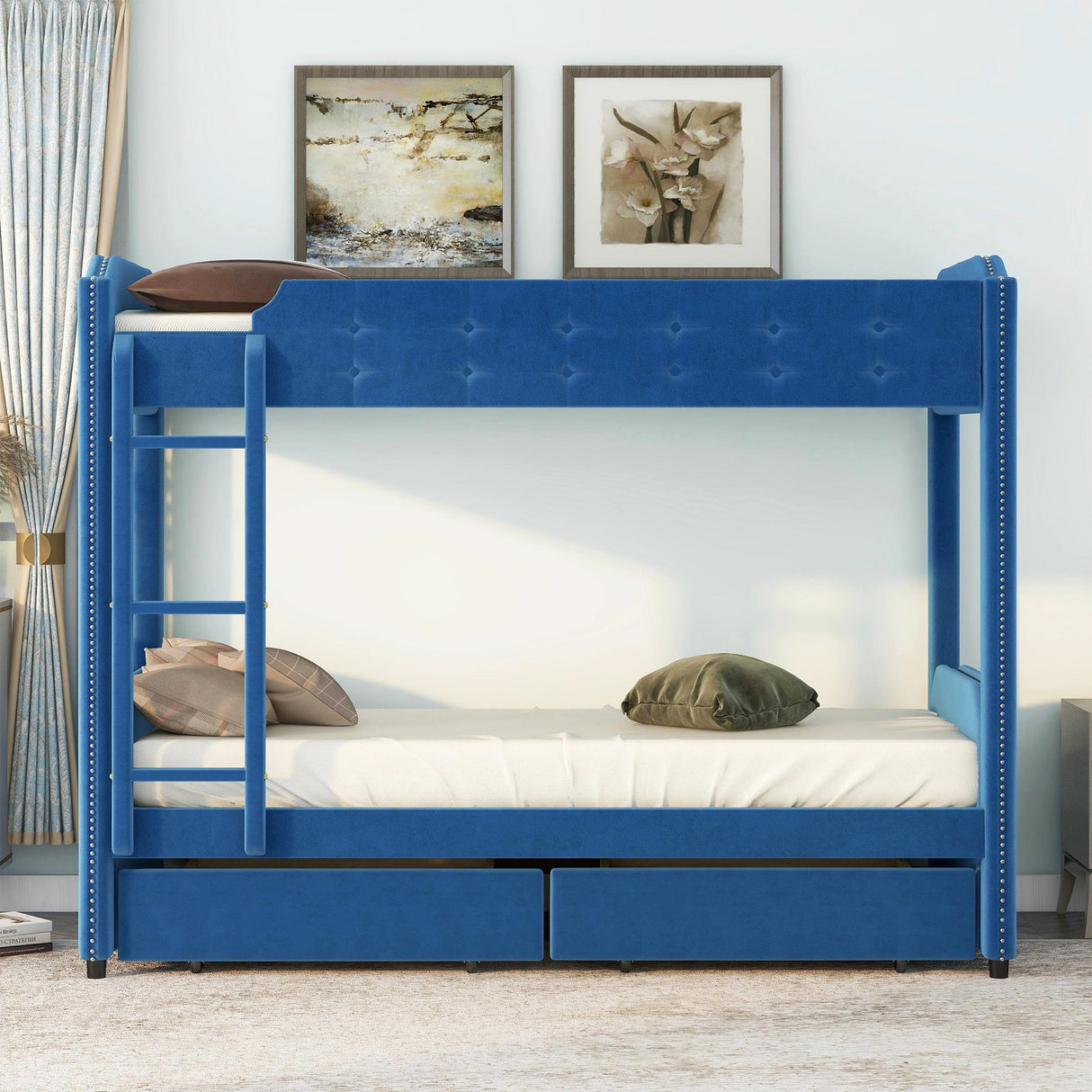 Twin over Twin Upholstered Bunk Bed with Two Drawers, Button-Tufted Headboard and Footboard Design, Blue - Home Elegance USA