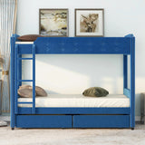 Twin over Twin Upholstered Bunk Bed with Two Drawers, Button-Tufted Headboard and Footboard Design, Blue - Home Elegance USA