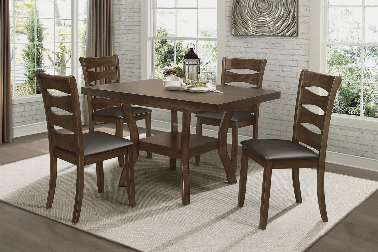 Transitional Brown Finish Dining Table with Lower Display Shelf and Extension Leaf Mindy Veneer Wood Dining Room Furniture - Home Elegance USA