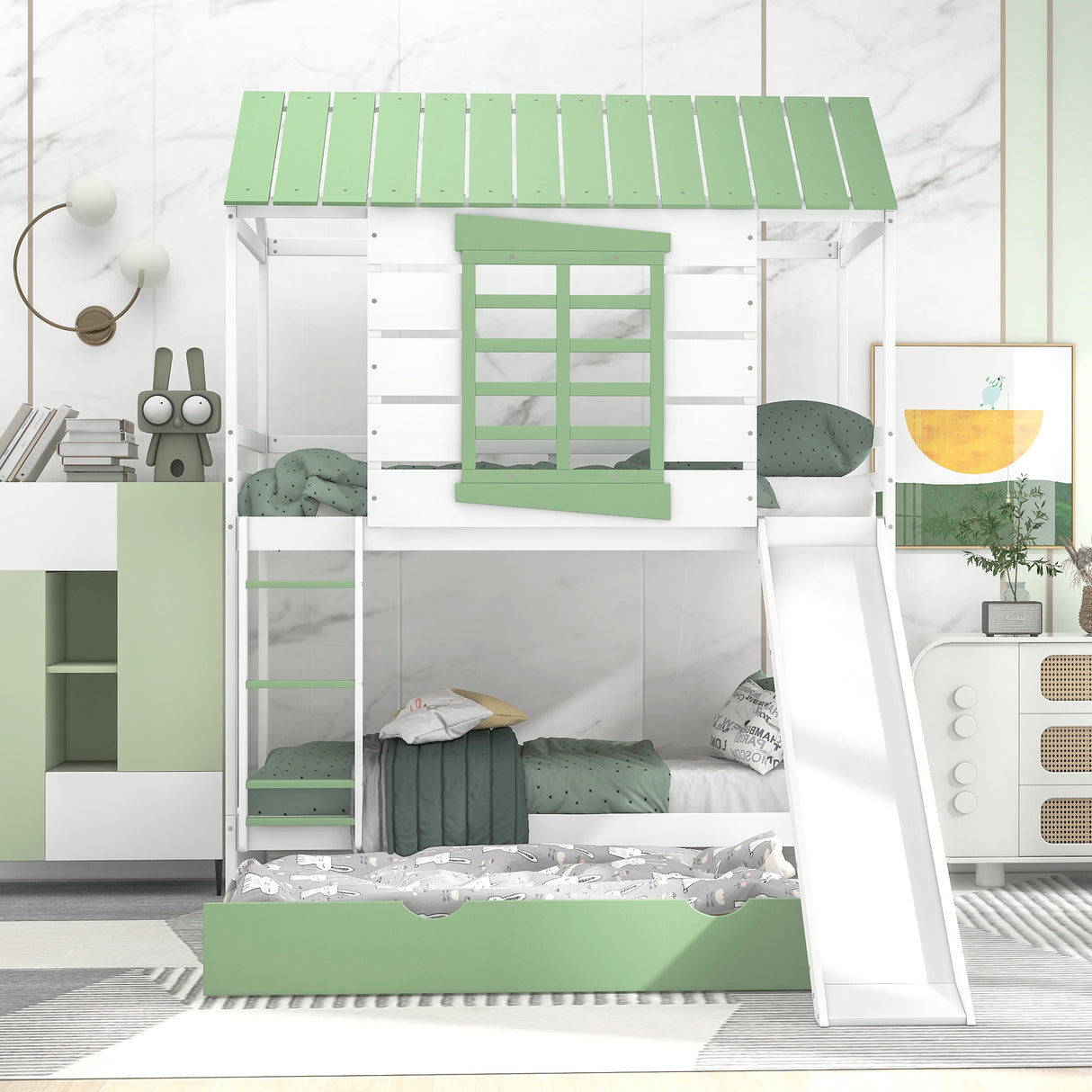 Twin over Twin Size House Bunk Bed with Convertible Slide and Trundle, White+Green - Home Elegance USA