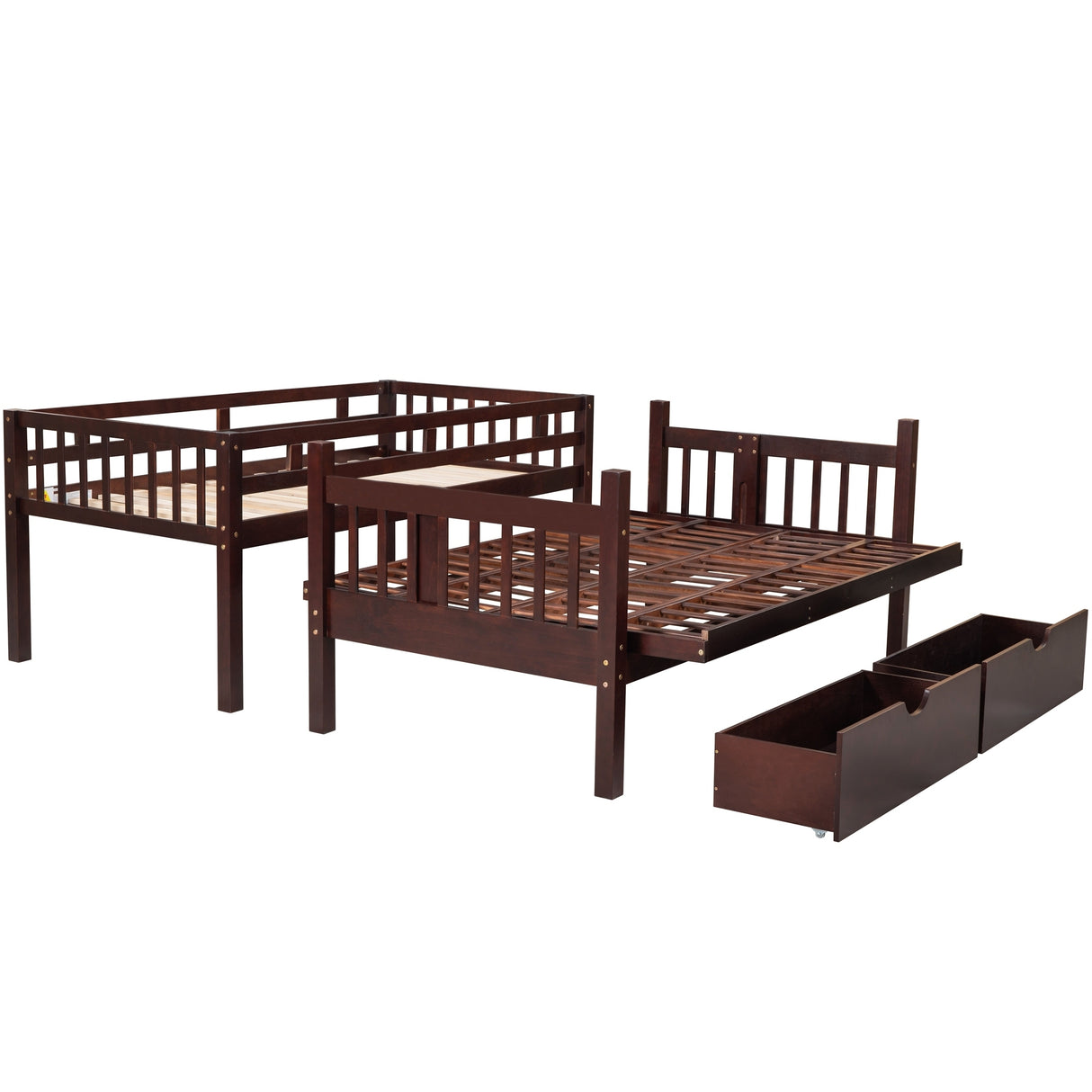 Twin over Full Bunk Bed with Two Drawers and Staircase, Down Bed can be Converted into Daybed,Espresso - Home Elegance USA