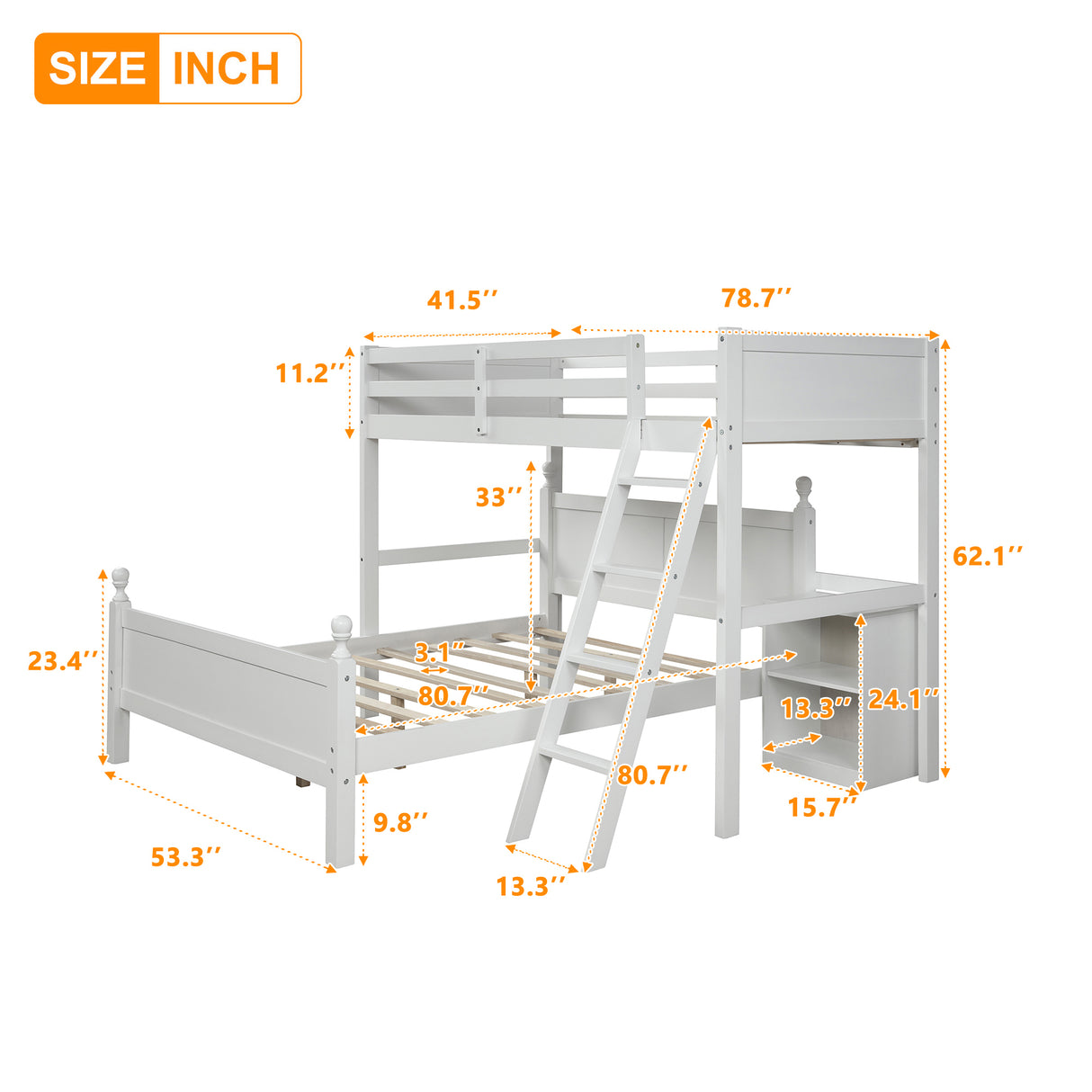 Twin over Full Loft Bed with Cabinet, White - Home Elegance USA