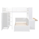 Full size Loft Bed with a twin size Stand-alone bed, Shelves,Desk,and Wardrobe-White - Home Elegance USA