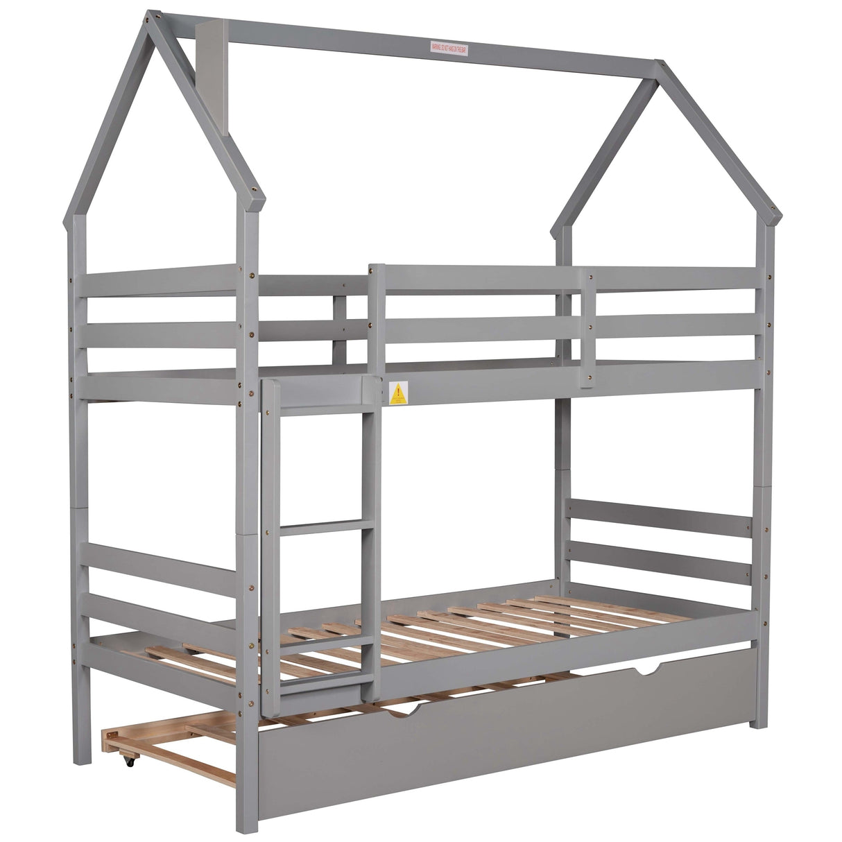 Twin over Twin House Bunk Bed with Trundle and Chimney Design,Gray - Home Elegance USA