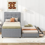 Twin Size Upholstered Platform Bed with Pull-out Twin Size Trundle and 3 Drawers, Gray - Home Elegance USA