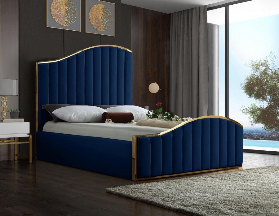 Meridian Furniture - Jolie Velvet Queen Bed In Navy - Jolienavy-Q