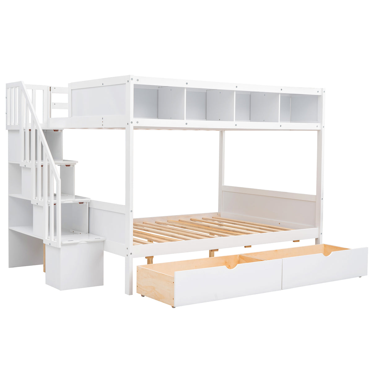 Twin over Full Bunk Bed with Shelfs, Storage Staircase and 2 Drawers, White - Home Elegance USA