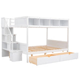 Twin over Full Bunk Bed with Shelfs, Storage Staircase and 2 Drawers, White - Home Elegance USA