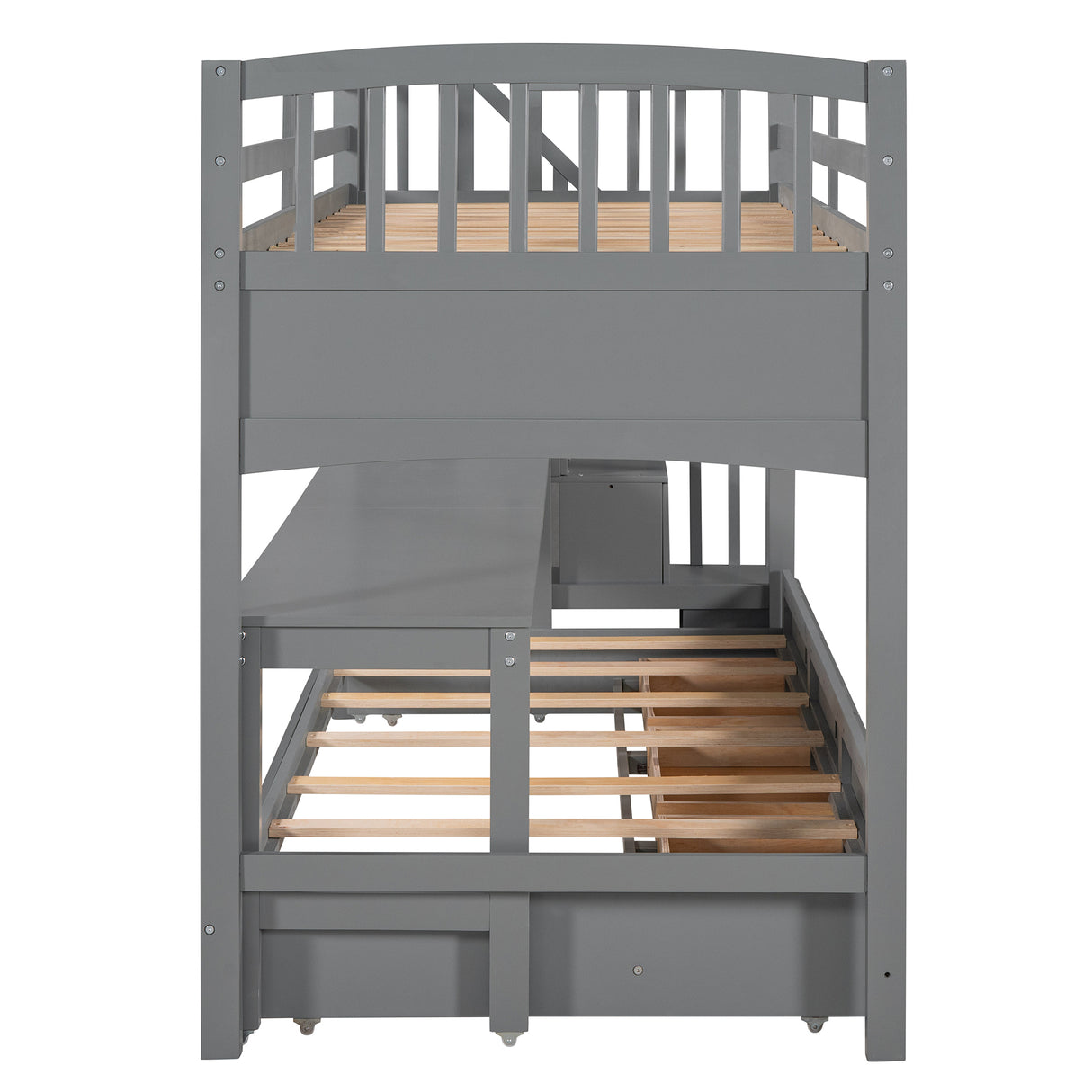 Stairway Twin XL Loft Bed with Twin Size Trundle and 3 Drawers, Storage, Desk, Gray - Home Elegance USA