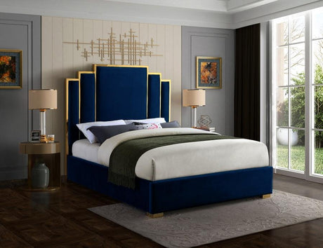 Meridian Furniture - Hugo Velvet Queen Bed In Navy - Hugonavy-Q