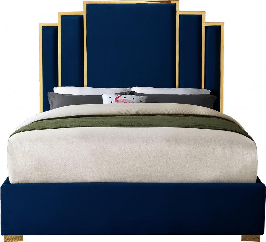 Meridian Furniture - Hugo Velvet Queen Bed In Navy - Hugonavy-Q