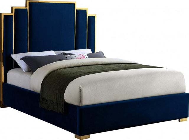 Meridian Furniture - Hugo Velvet Queen Bed In Navy - Hugonavy-Q