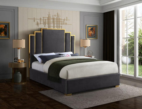 Meridian Furniture - Hugo Velvet Queen Bed In Grey - Hugogrey-Q