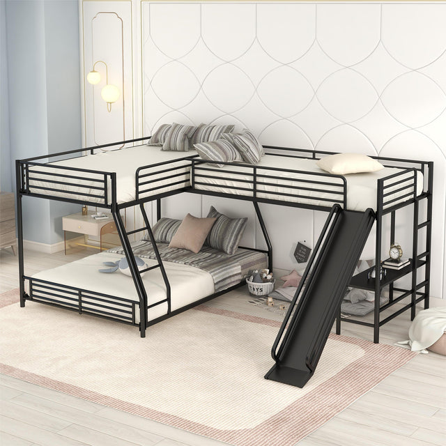 L-Shaped Twin over Full Bunk Bed with Twin Size Loft Bed,Built-in Desk and Slide,Black - Home Elegance USA