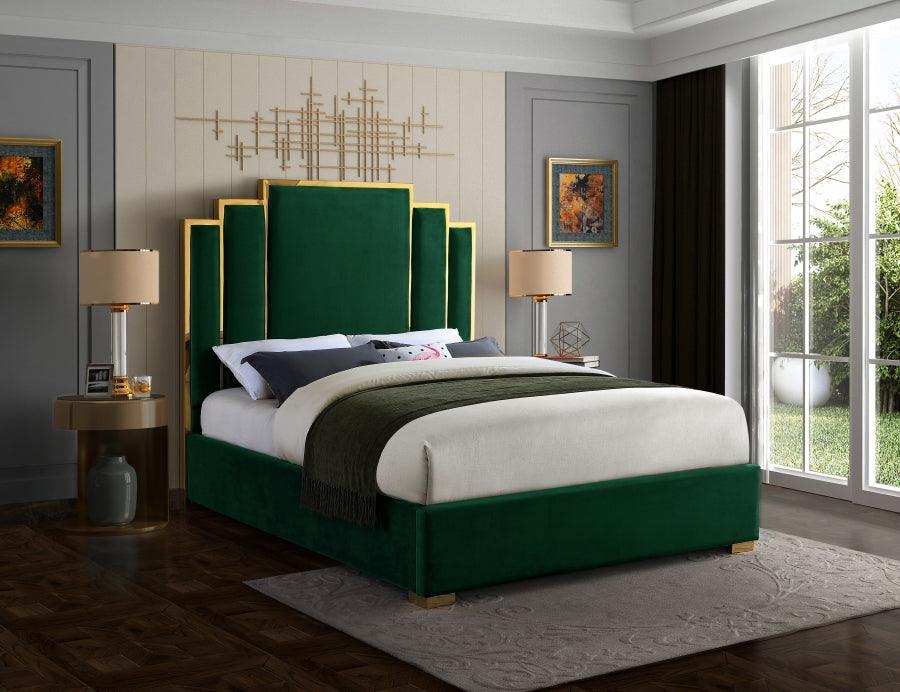 Meridian Furniture - Hugo Velvet Queen Bed In Green - Hugogreen-Q