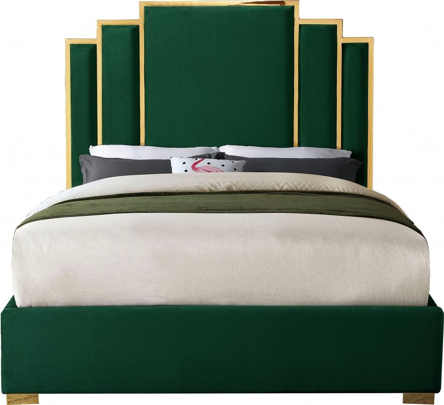 Meridian Furniture - Hugo Velvet Queen Bed In Green - Hugogreen-Q