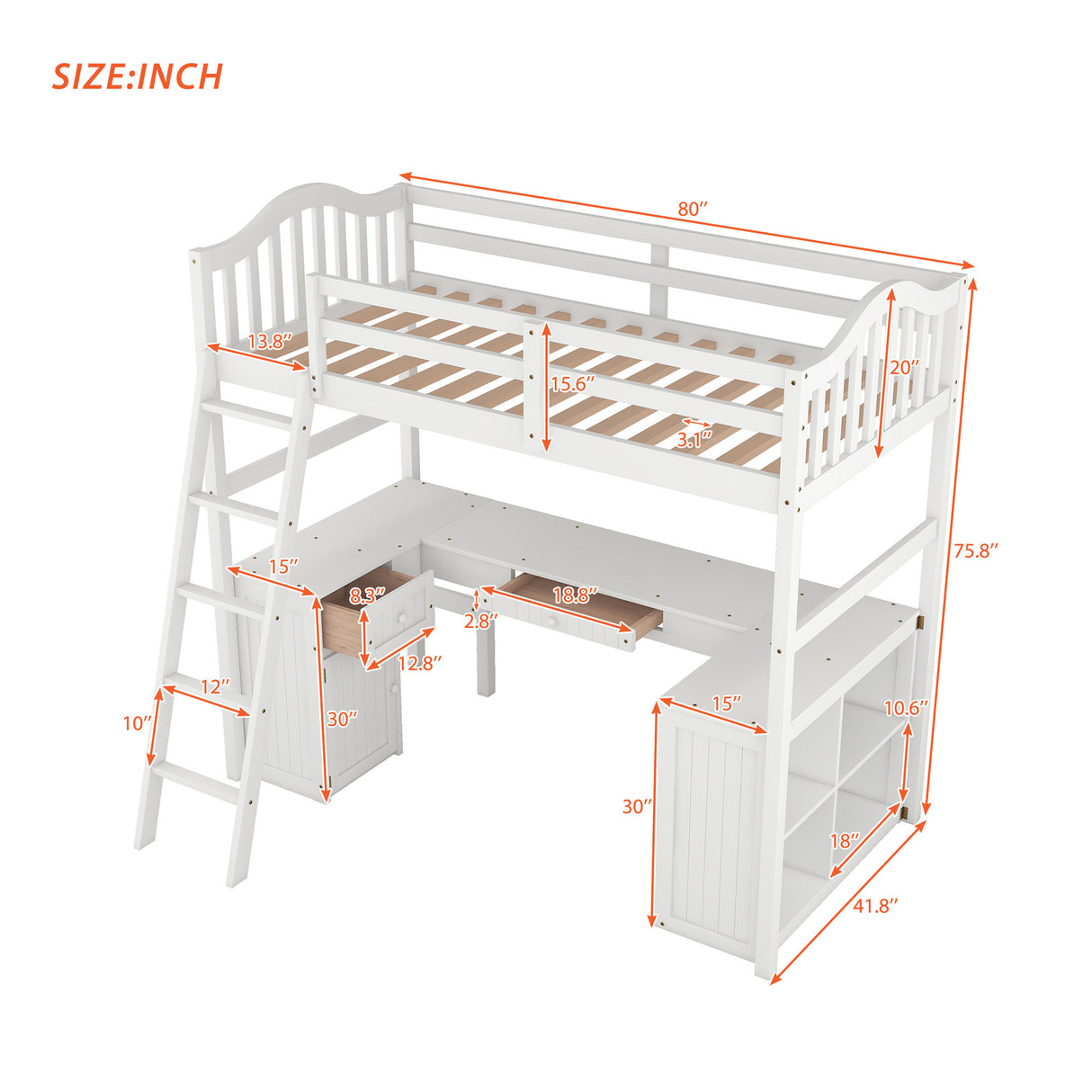 Twin size Loft Bed with Drawers, Cabinet, Shelves and Desk, Wooden Loft Bed with Desk - White(OLD SKU :LT000505AAK) - Home Elegance USA