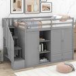 Functional Loft Bed with 3 Shelves, 2 Wardrobes and 2 Drawers,  Ladder with Storage, No Box Spring Needed, Gray