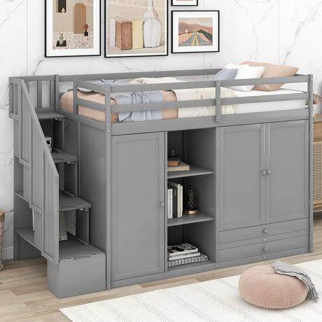 Functional Loft Bed with 3 Shelves, 2 Wardrobes and 2 Drawers,  Ladder with Storage, No Box Spring Needed, Gray - Home Elegance USA