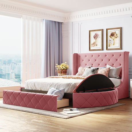 Upholstered Platform Bed Queen Size Storage Velvet Bed with Wingback Headboard and 1 Big Drawer,2 Side Storage Stool(Pink) - Home Elegance USA