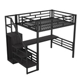 Full Size Metal Loft Bed with Desk, Storage Staircase and Small Wardrobe, Storage stairs can be installed left and right,Black - Home Elegance USA