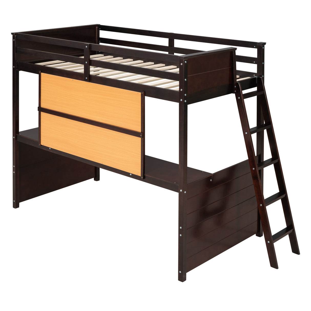 Twin size Loft Bed with Desk and Writing Board, Wooden Loft Bed with Desk - Espresso - Home Elegance USA