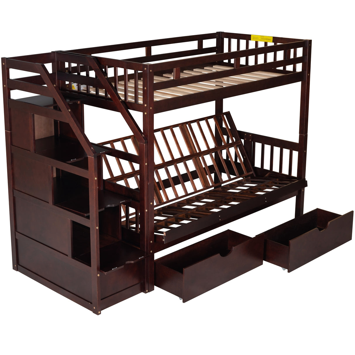 Twin over Full Bunk Bed with Two Drawers and Staircase, Down Bed can be Converted into Daybed,Espresso - Home Elegance USA