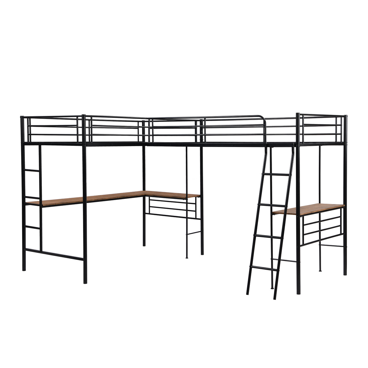 Twin Size Metal Loft Bed with Two Built-in Desks,Black - Home Elegance USA