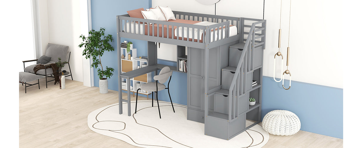 Twin size Loft Bed with Bookshelf,Drawers,Desk,and Wardrobe-Gray - Home Elegance USA