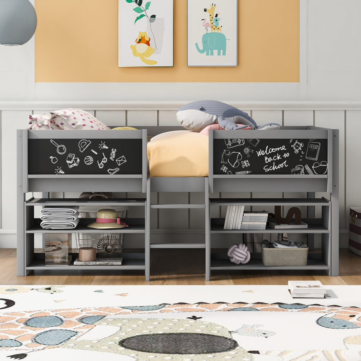 Twin Size Low Loft Bed with Two Movable Shelves and Ladder,with Decorative Guardrail Chalkboard,Gray - Home Elegance USA