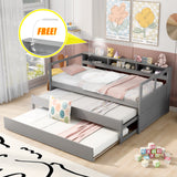 Twin XL Wood Daybed with 2 Trundles, 3 Storage Cubbies, 1 Light for Free and USB Charging Design, Gray - Home Elegance USA